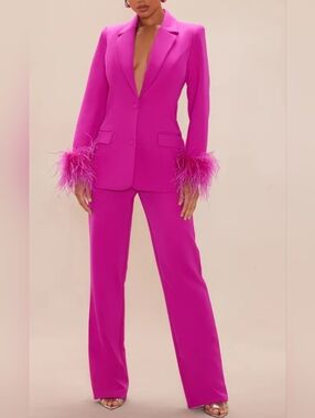 Feather-Cuff Magenta Women's Blazer & Pants Set
